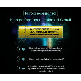Nitecore NL1836 18650 3600mAh 3.6V Protected Lithium Ion (Li-ion) Button Top Battery