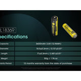 Nitecore NL1836R 18650 3600mAh 3.6V Protected Lithium Ion (Li-ion) Button Top Battery with Built In USB-C Charging Port