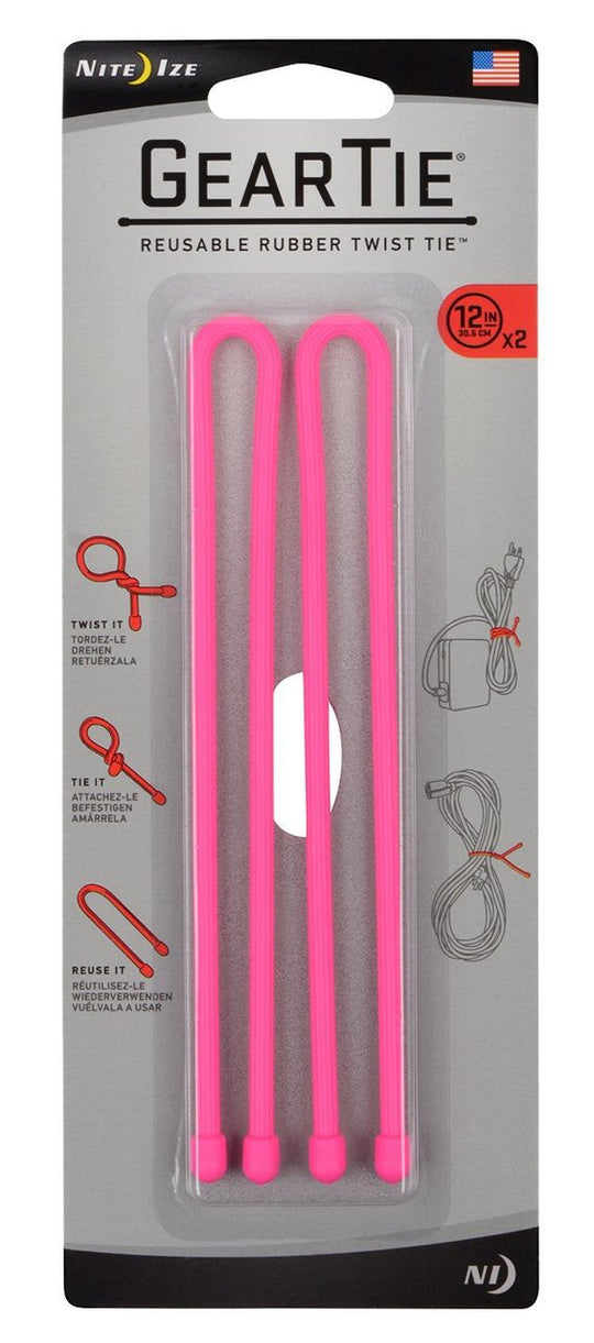 Nite Ize Gear Tie Reusable Rubber Twist Tie - 12-Inch - 2 Pack - Neon Pink (GT12-2PK-35)