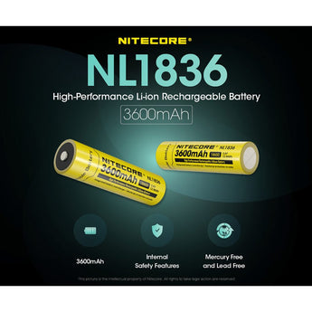 Nitecore NL1836 18650 3600mAh 3.6V Protected Lithium Ion (Li-ion) Button Top Battery