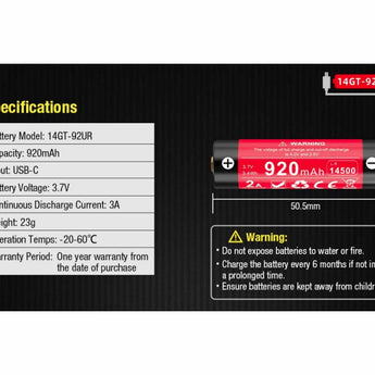 Klarus 14GT-92UR 14500 920mAh 3.7V Protected Lithium Ion (Li-Ion) High-Drain 3A Button Top Battery with USB-C Charging Port