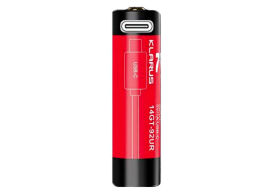 Klarus 14GT-92UR 14500 920mAh 3.7V Protected Lithium Ion (Li-Ion) High-Drain 3A Button Top Battery with USB-C Charging Port
