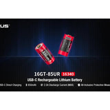 Klarus 16GT-85UR 16340 850mAh 3.7V High Discharge Protected Lithium Ion (Li-Ion) Button Top Battery with USB-C Charging Port