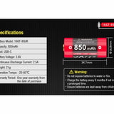 Klarus 16GT-85UR 16340 850mAh 3.7V High Discharge Protected Lithium Ion (Li-Ion) Button Top Battery with USB-C Charging Port