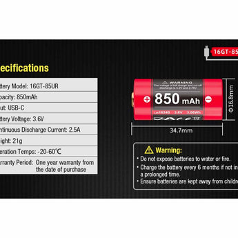 Klarus 16GT-85UR 16340 850mAh 3.7V High Discharge Protected Lithium Ion (Li-Ion) Button Top Battery with USB-C Charging Port