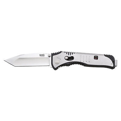 SOG Flashback Folding Knife - 3.5-inch Straight Edge, Tanto - Satin Finish - Silver Handle - Boxed (SAT003-BX)
