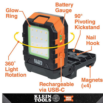 Klein Tools MODbox USB-C Rechargeable Area Light - 1000 Lumens - Uses Built-in 10000mAh Li-ion Battery Pack
