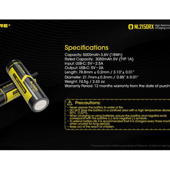 Nitecore NL2150RX 21700 5000mAh 3.6V Protected Lithium Ion (Li-ion) Button Top Battery with Built In USB-C Charging Port