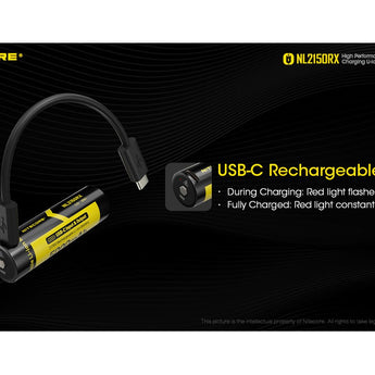 Nitecore NL2150RX 21700 5000mAh 3.6V Protected Lithium Ion (Li-ion) Button Top Battery with Built In USB-C Charging Port
