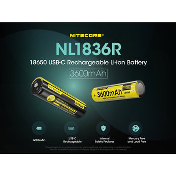 Nitecore NL1836R 18650 3600mAh 3.6V Protected Lithium Ion (Li-ion) Button Top Battery with Built In USB-C Charging Port