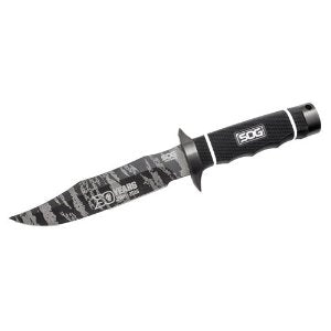 SOG Tech Bowie Fixed Blade Knife - 6.4-inch Straight Edge, Clip Point - Tigerstripe Finish - Black Handle - Leather Sheath - 30th Anniversary - Boxed (ANV1001-BX)