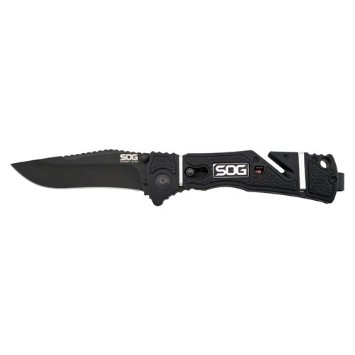 SOG Trident Elite Folding Knife - 3.7-inch Straight Edge, Clip Point - Black TiNi - Black Handle - Boxed (TF102-BX)