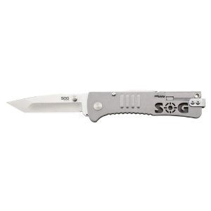SOG Slim Jim Folding Knife - 3.18-inch Straight Edge, Tanto - Satin Finish - Silver Handle - Boxed (SJ33-BX)