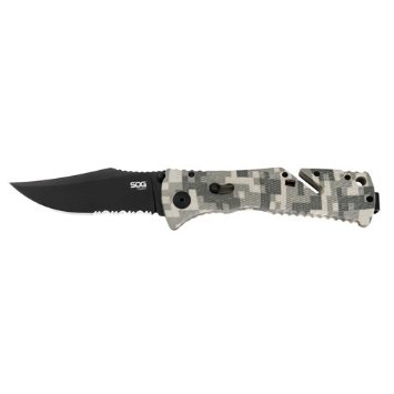 SOG Trident Folding Knife - 3.75-inch Partially Serrated, Clip Point - Black TiNi - Digi Camo Handle - Boxed (TF10-BX)