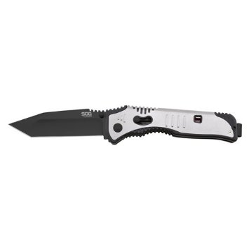 SOG Flashback Folding Knife - 3.5-inch Straight Edge, Tanto - Black TiNi - Silver Handle - Boxed (SAT004-BX)