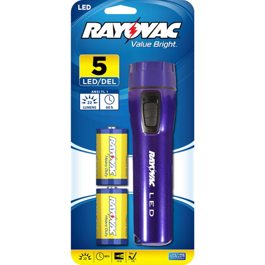 Rayovac Value Bright 2D 5 LED Flashlight - 22 Lumens - Uses 2 x D - Includes Batteries