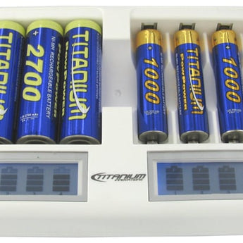 Titanium Innovations CH-8800 8-Bay Smart Fast Battery Charger with LCD Display - NiMH AA and AAAs - AC 100-240V + DC Adapters