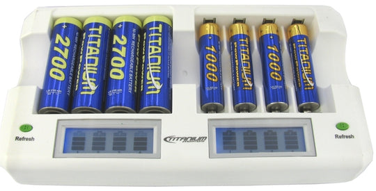 Titanium Innovations CH-8800 8-Bay Smart Fast Battery Charger with LCD Display - NiMH AA and AAAs - AC 100-240V + DC Adapters