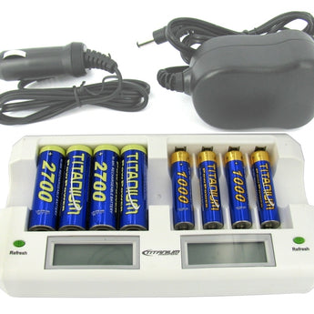 Titanium Innovations CH-8800 8-Bay Smart Fast Battery Charger with LCD Display - NiMH AA and AAAs - AC 100-240V + DC Adapters
