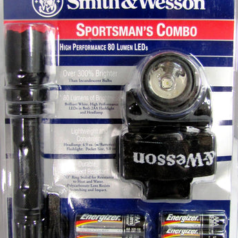 Smith and Wesson Sportsman's Combo - Headlamp and High Performance LED Flashlight - 2x AA and 3x AAA Batteries Included.