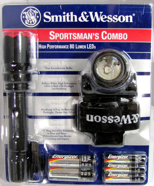 Smith and Wesson Sportsman's Combo - Headlamp and High Performance LED Flashlight - 2x AA and 3x AAA Batteries Included.