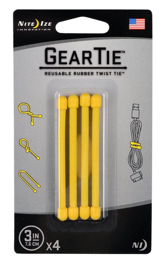 Nite Ize Gear Tie Reusable Rubber Twist Tie - 3-Inch - 4 Pack - Neon Yellow (GT3-4PK-33)