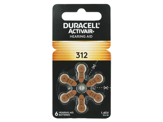A package of six Duracell Activair Hearing Aid 312 button cell batteries on a plain white background.