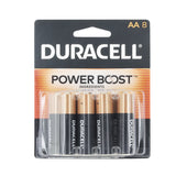 Pack of Duracell AA batteries 8 Pack with Power Boost label on a white background