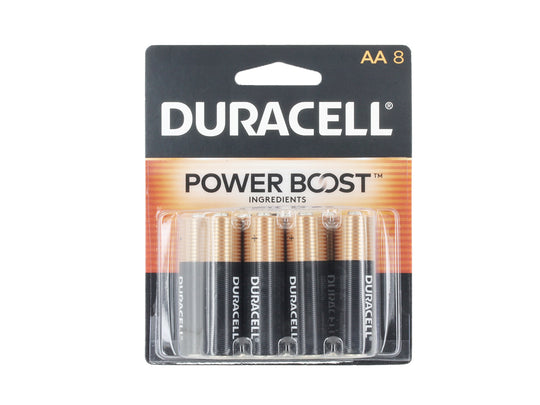 Pack of Duracell AA batteries 8 Pack with Power Boost label on a white background