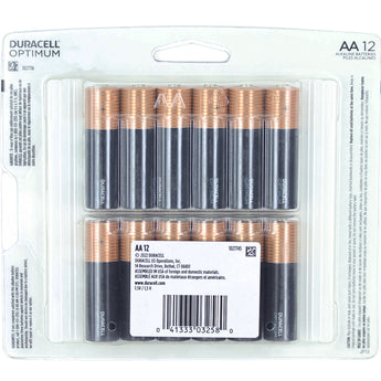 Pack of Duracell Optimum AA batteries in packaging on a white background