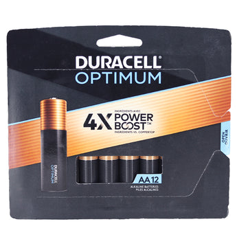 Pack of Duracell Optimum AA batteries with '4X Power Boost' on a white background