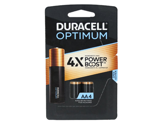 Duracell Optimum AA batteries packaging with two batteries visible on a white background