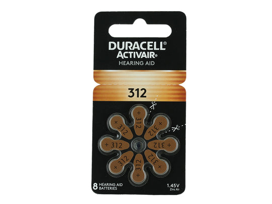 Duracell DA312-B8 (8PK) Size 312 170mAh 1.45V Zinc Air EasyTab Brown Hearing Aid Batteries (DA312B8) - 8 Piece Retail Card