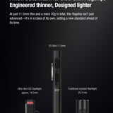 Ultra-thin Klarus flashlight with specifications on a black background