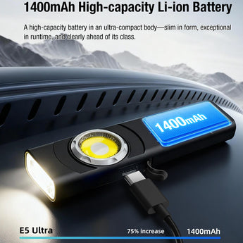 High-capacity Li-ion battery in Klarus flashlight on a dark background