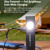 Klarus E5 Ultra flashlight with KCharge circuit on a camping scene background