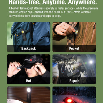 Promotional image of a Klarus light with tactical clip with various usage scenarios on a green background.