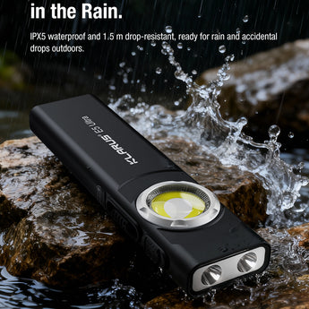 Black Klarus flashlight on a rock with water splashing, text about waterproofing and reliability.