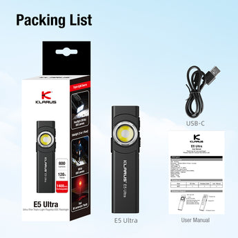 Packing list of Klarus E5 Ultra flashlight with packaging, USB cable, and user manual on a light blue background.