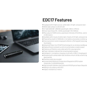Nitecore EDC17 USB-C Rechargeable EDC Flashlight - 1500 Lumens - NiteLab UHi 25 - Uses Built-in 1500mAh Li-ion Battery Pack