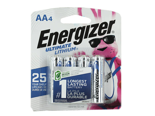 Energizer Ultimate L91-BP-4 AA 3000mAh 1.5V High Energy 5A Lithium (LiFeS2) Button Top Batteries - 4 Pack Retail Card