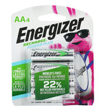 Energizer NiMH AA rechargeable batteries packaging 4 pack on a white background