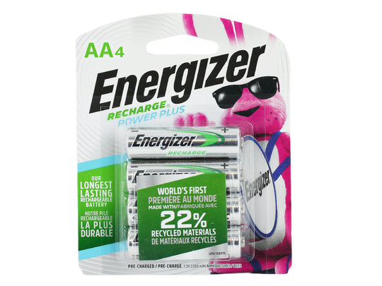 Energizer NiMH AA rechargeable batteries packaging 4 pack on a white background
