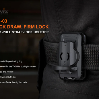 Fenix ALC-03 quick draw, firm lock holstered on a belt with product features listed.