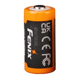 Orange battery with black label featuring 'Fenix' branding on a white background