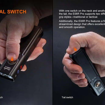 Fenix E06R Pro RG Flat Flashlight - infographic indicating dual switch convenience with side and tail switches