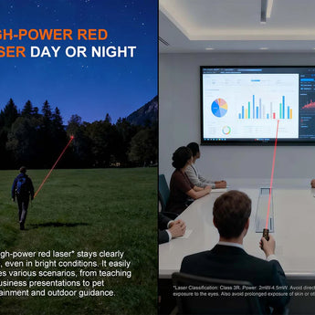 Fenix E06R Pro RG Flat Flashlight - infographic indicating the high power laser