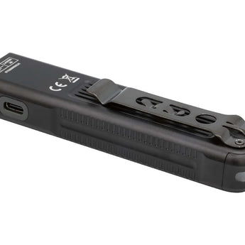 Fenix E06R Pro RG Flat Flashlight - flat view back with pocket clip and USB-C port