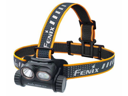 Fenix HM65R V2 LED Headlamp main image with headband attached, angled left