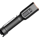 Black Fenix flashlight on a white background
